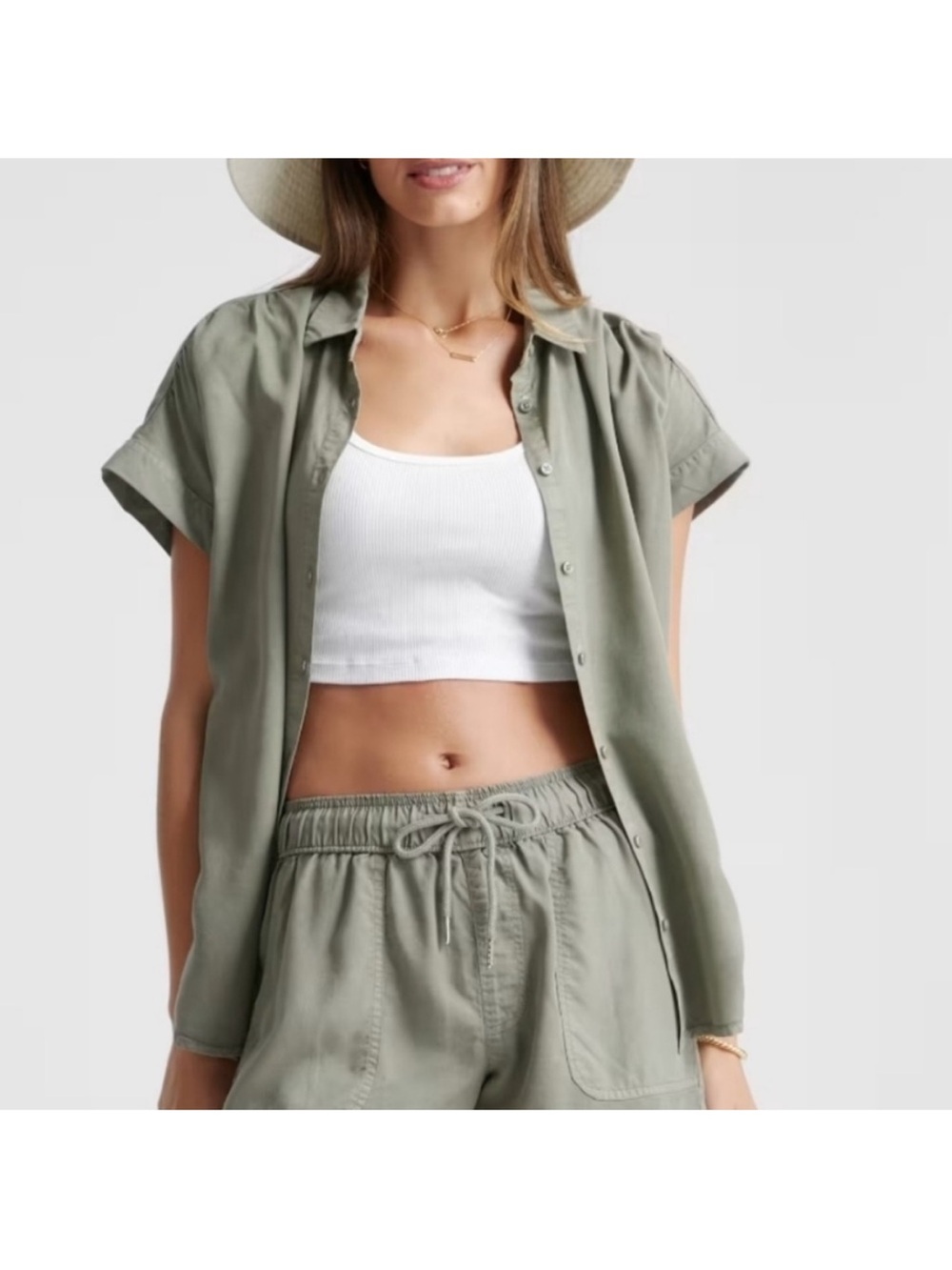 Quince Vintage Wash Camp Shirt 100% Tencel Medium olive green MINIMALIST